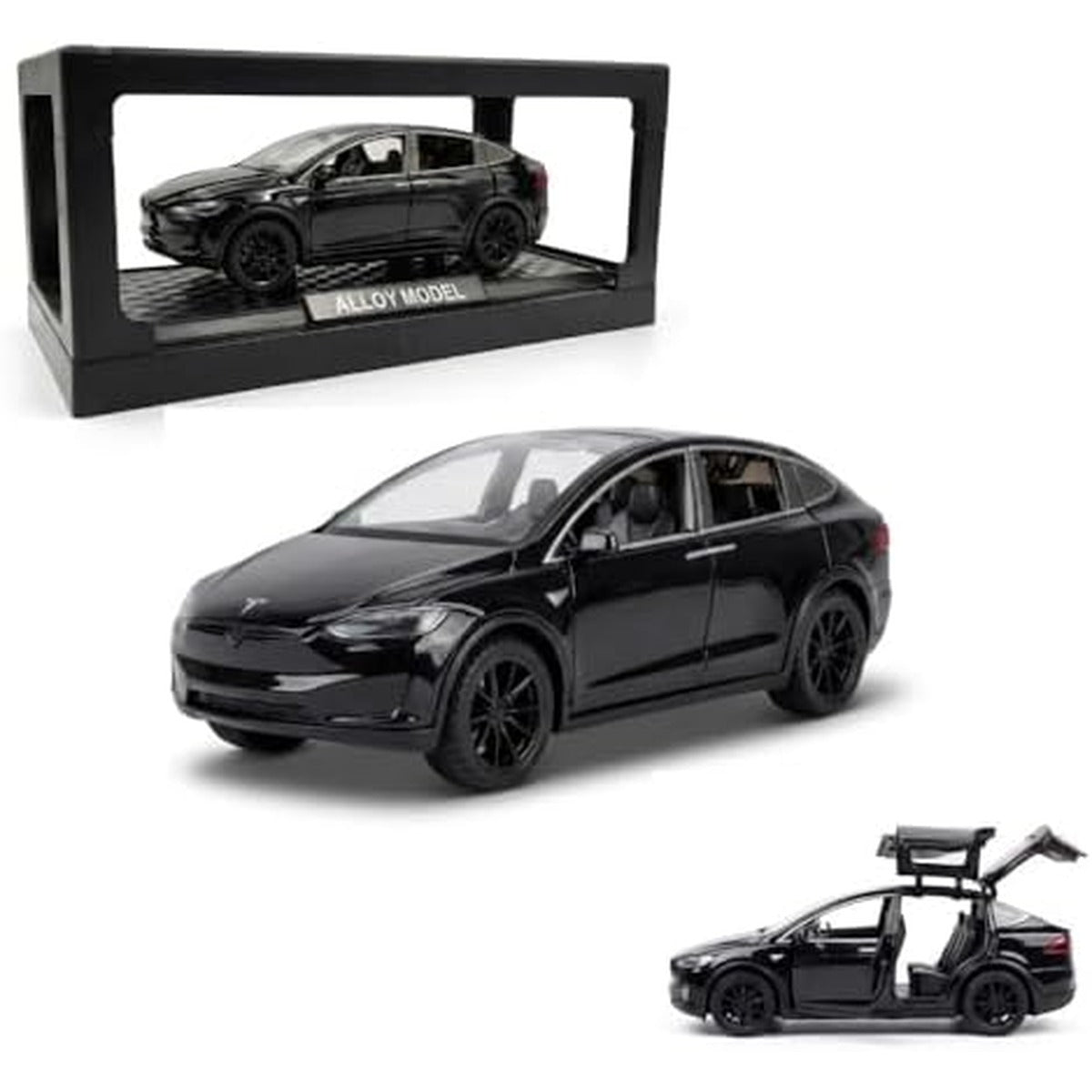 1:28 Scale Electric SUV Car Model Car with Open Up Rear Doors Special Display Base Light and Sound (Black)