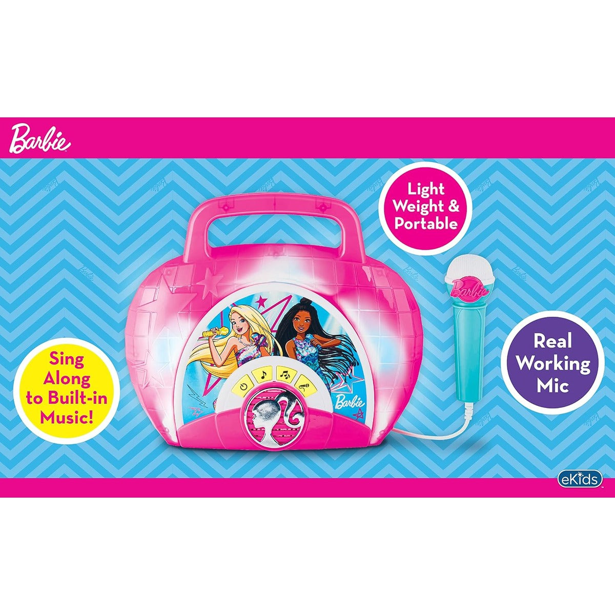 eKids Barbie Sing Along Boom Box Speaker with Microphone for Fans of Barbie Toys, Kids Karaoke Machine with Built in Music and Flashing Lights