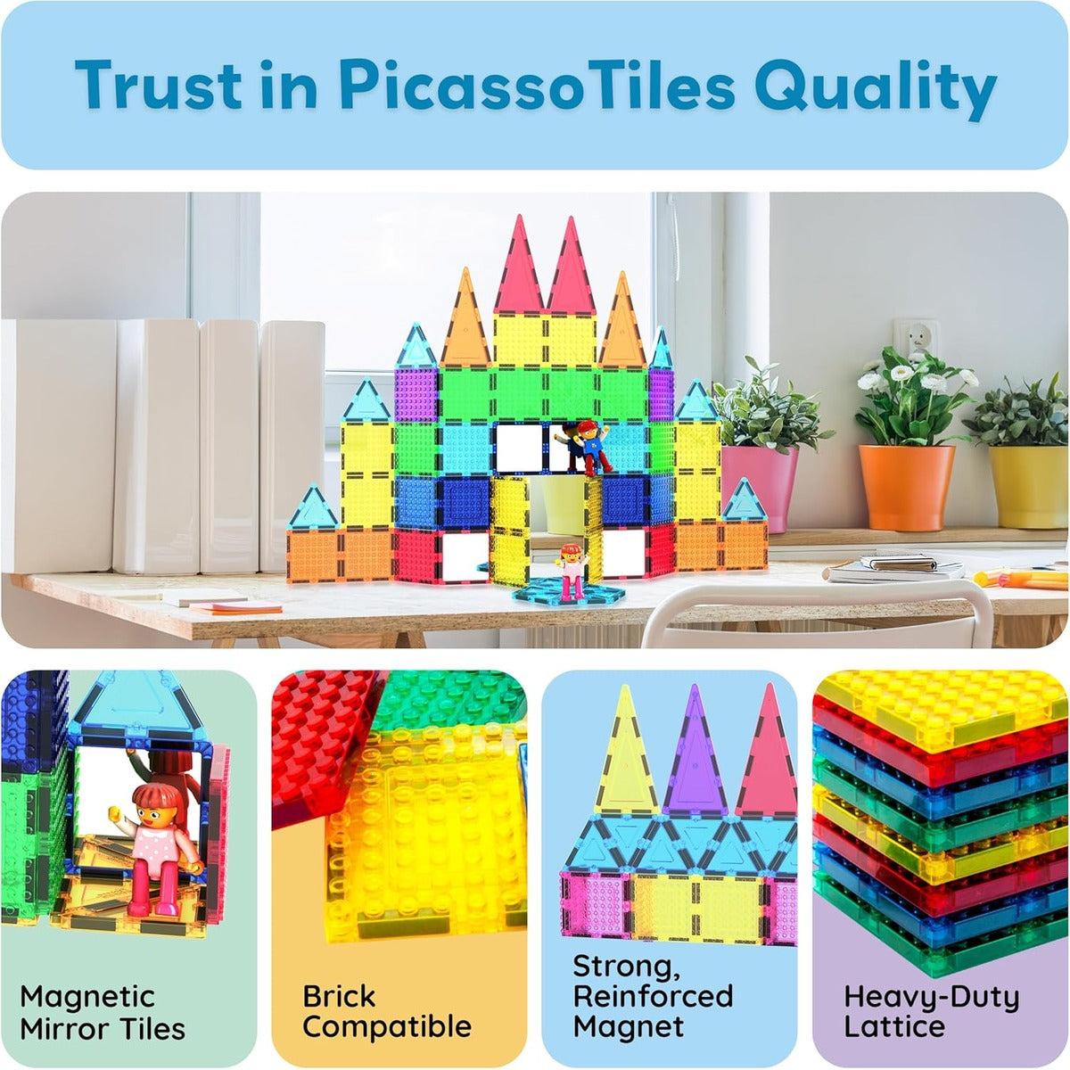 PicassoTiles 63pc Magnetic Tile Building Block Set with 2 Character