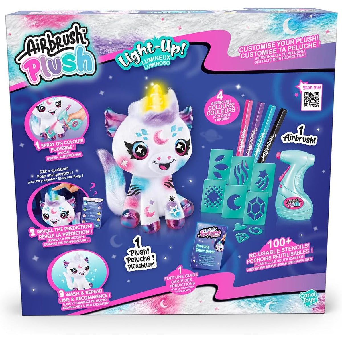 Canal Toys - Airbrush Plush - Customisable Cosmic Unicorn Soft Toy with Luminous Horn - with Prediction Card, Markers and Ste