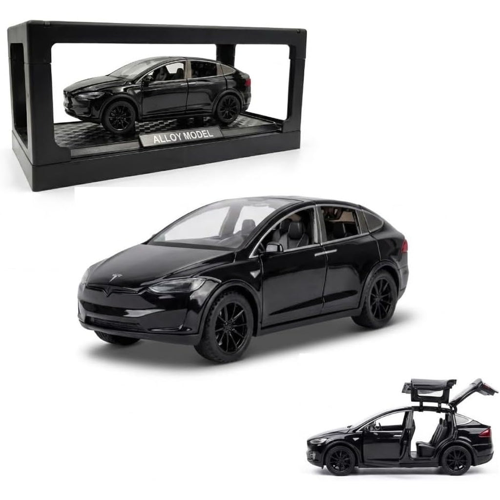 1:28 Scale Electric SUV Car Model Car with Open Up Rear Doors Special Display Base Light and Sound (Black)