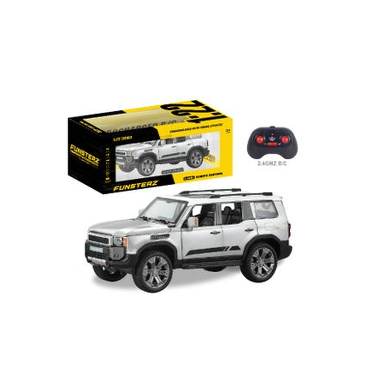 Funsterz 1:22 RC Toyota Prado - Spray Mist Alloy Body Remote Control Car with LED Lights, Rechargeable Battery, Full-Function Driving - Realistic Die-Cast Off-Road Model
