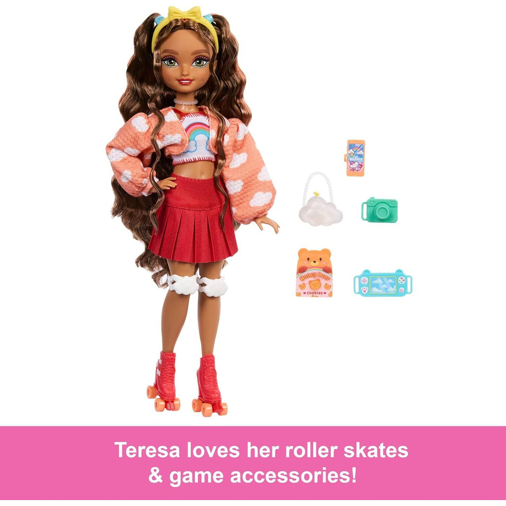 Barbie Dream Besties Doll and Accessories, Teresa Posable Roller Skating Fashion Doll with Brown Hair, 9Video Game Themed Pie
