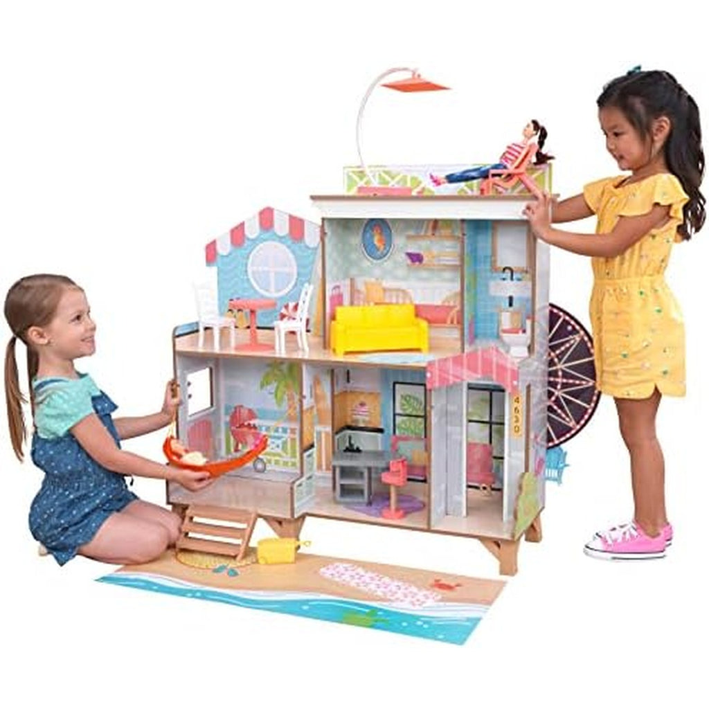 KidKraft Ferris Wheel Beach Wooden Dolls House with Furniture and Accessories Included, 3 Storey Play Set with Hammock and Beach Chair for 12 Inch/30 cm Dolls, Kids' Toys, 20053