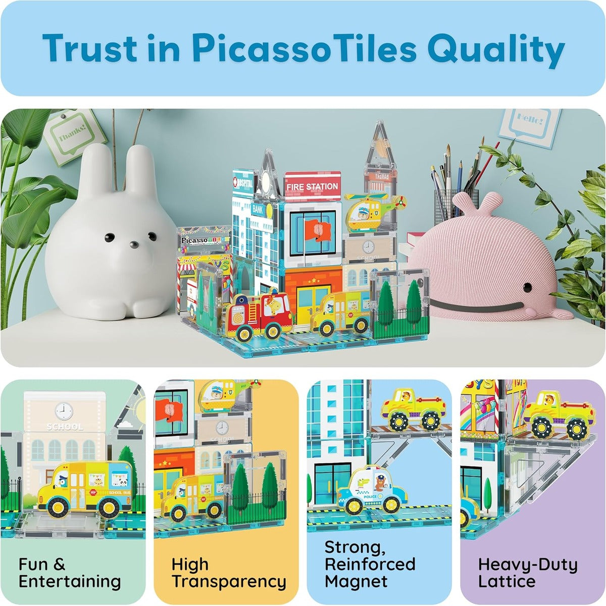 PicassoTiles Metro City Hospital Magnetic Tile Building Set with 8