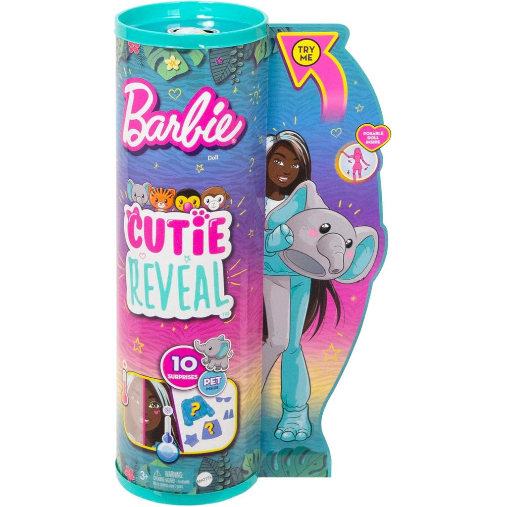 Barbie Cutie Reveal Fashion Doll, Jungle Series Elephant Plush Costume, 10 Surprises Including Mini Pet & Color Change