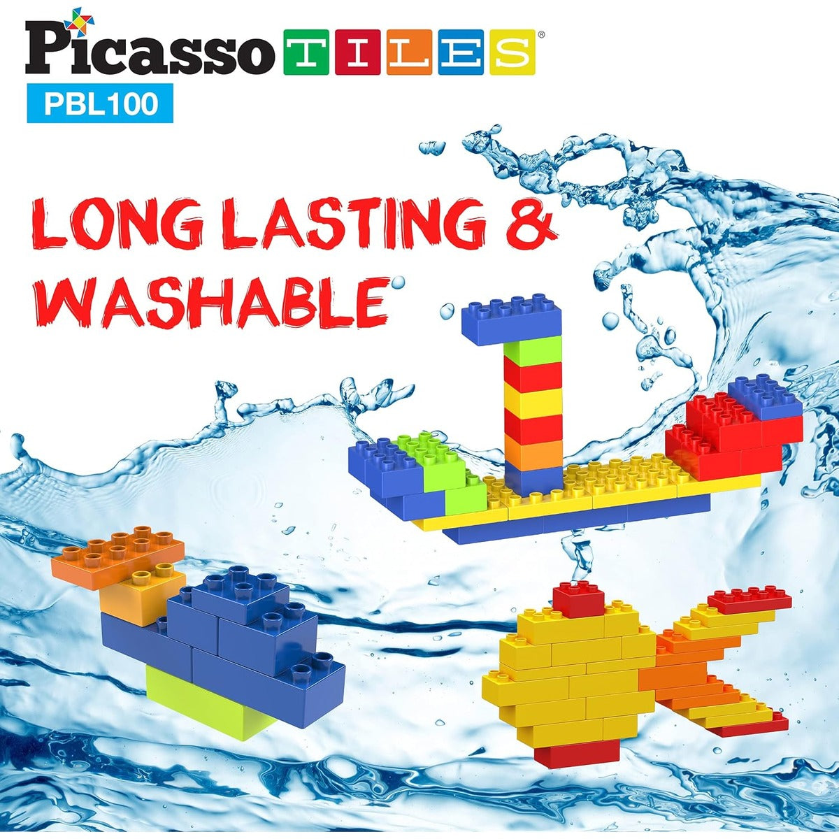 PicassoTiles 100 Piece Large Construction Brick Building Blocks STEM Bricks Toy Set Creative Learning Early Education Playset 5 Colors 4 Unique Shapes Mix & Match Toys for Kids Boys Girls Child Age 3+
