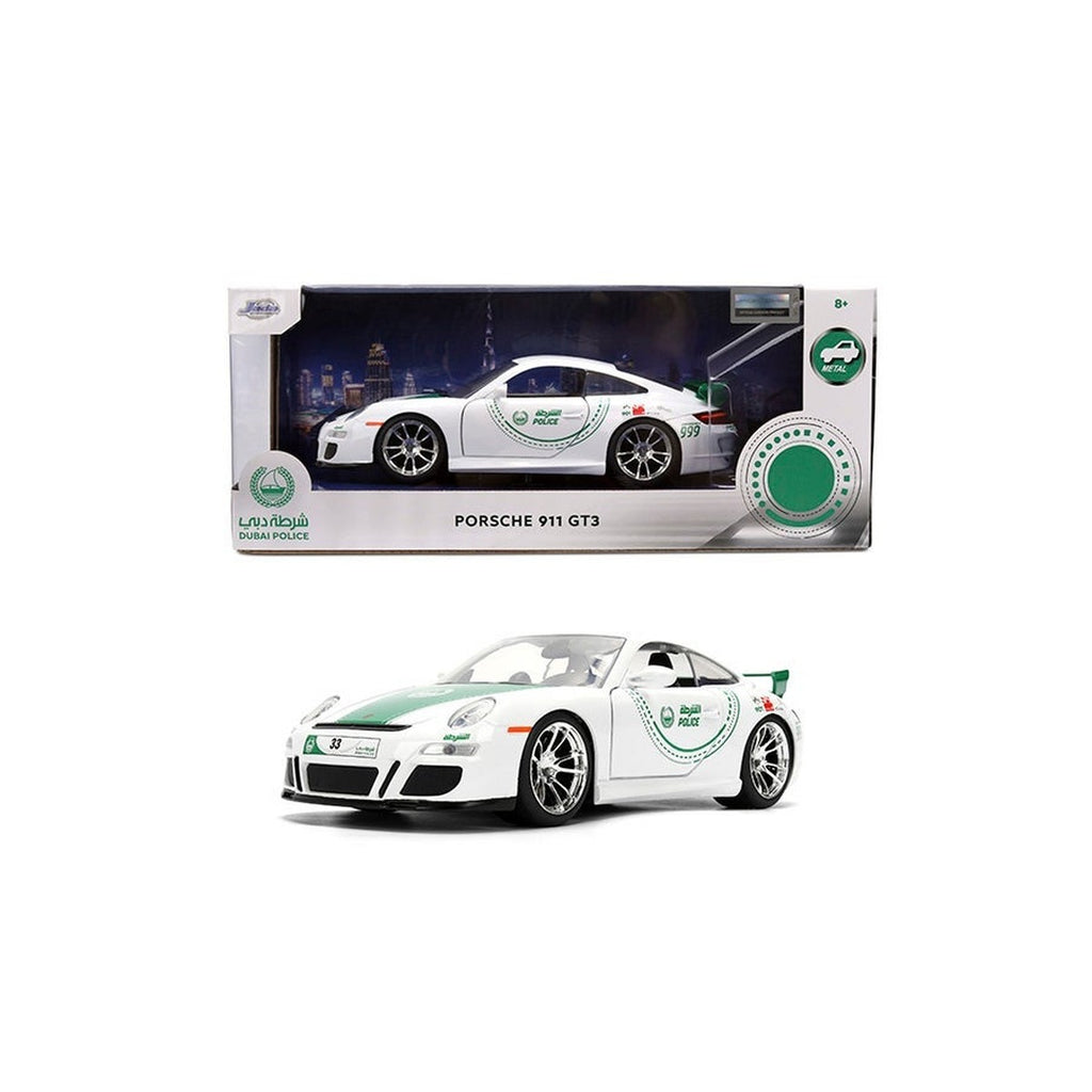 Dubai Police Porsche 911 GT3 Die-Cast Collectible Model Car with Opening Doors, Freewheel Vehicle, 1:24 Scale, White/Green