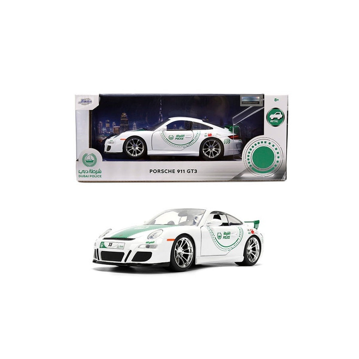 Dubai Police Porsche 911 GT3 Die-Cast Collectible Model Car with Opening Doors, Freewheel Vehicle, 1:24 Scale, White/Green