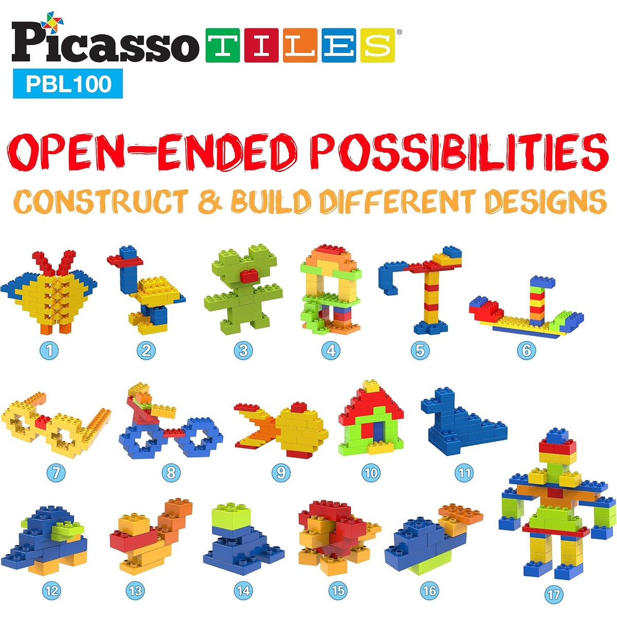 PicassoTiles 100 Piece Large Construction Brick Building Blocks STEM Bricks Toy Set Creative Learning Early Education Playset 5 Colors 4 Unique Shapes Mix & Match Toys for Kids Boys Girls Child Age 3+
