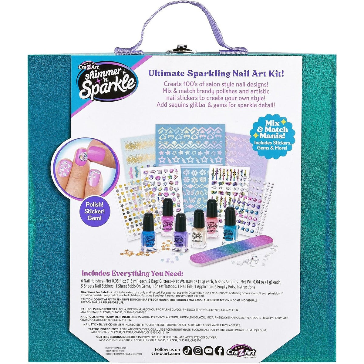 SNS Jewel Nail Tint Designer Kit for Girls, All-in-One Art Set with 6 Nail Polishes, Glitters, Sequins, Stickers, Stick On Gems, Tattoos, Nail Polish Set for Birthday Parties & Makeovers, Ages 8+