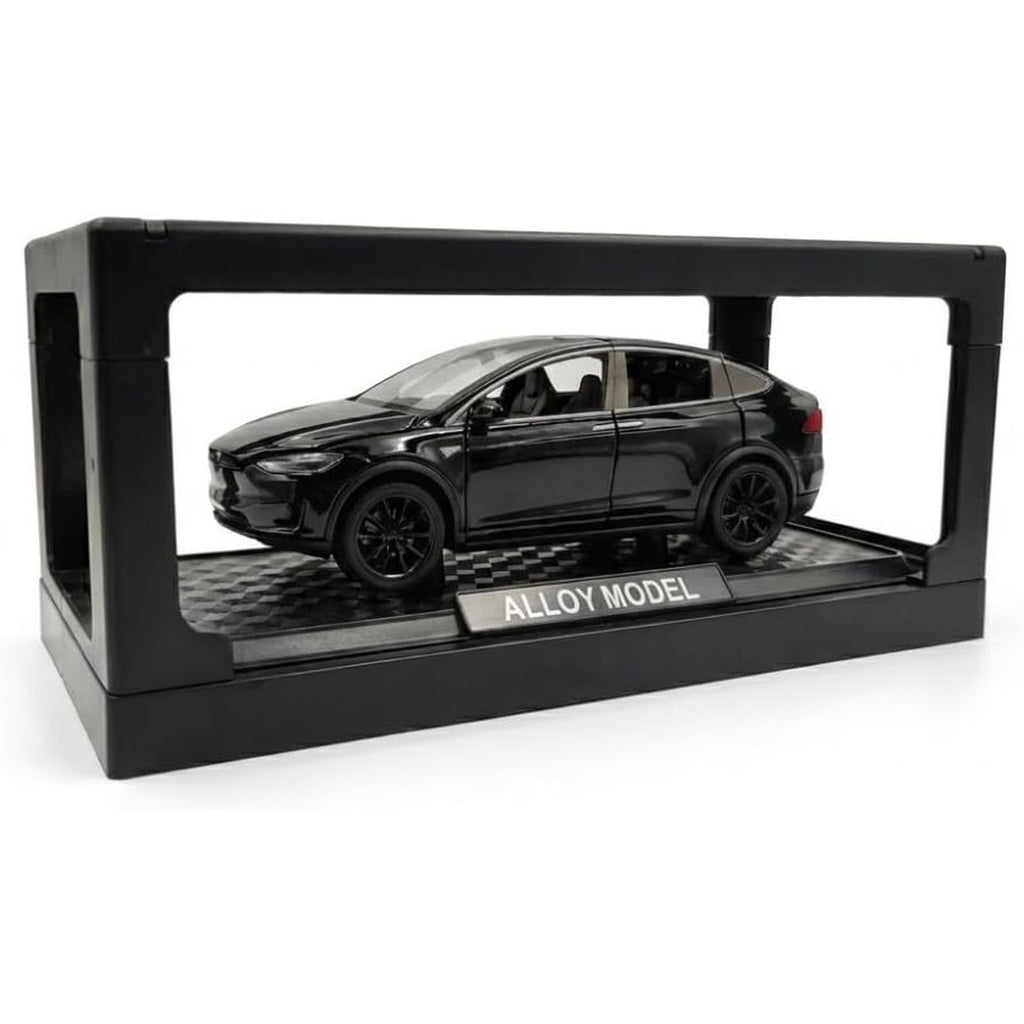 1:28 Scale Electric SUV Car Model Car with Open Up Rear Doors Special Display Base Light and Sound (Black)