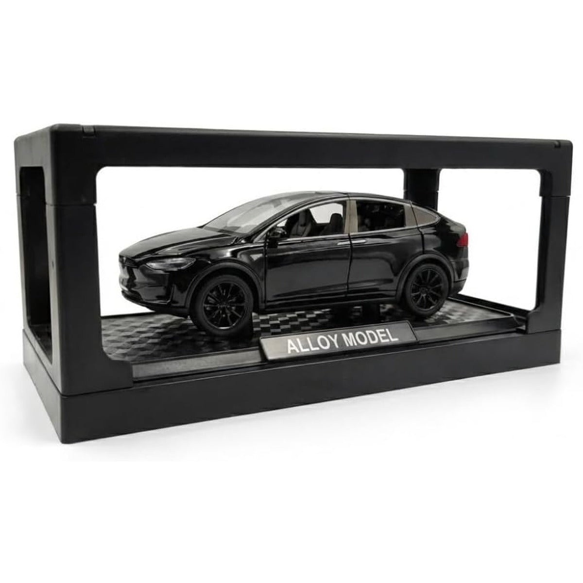 1:28 Scale Electric SUV Car Model Car with Open Up Rear Doors Special Display Base Light and Sound (Black)