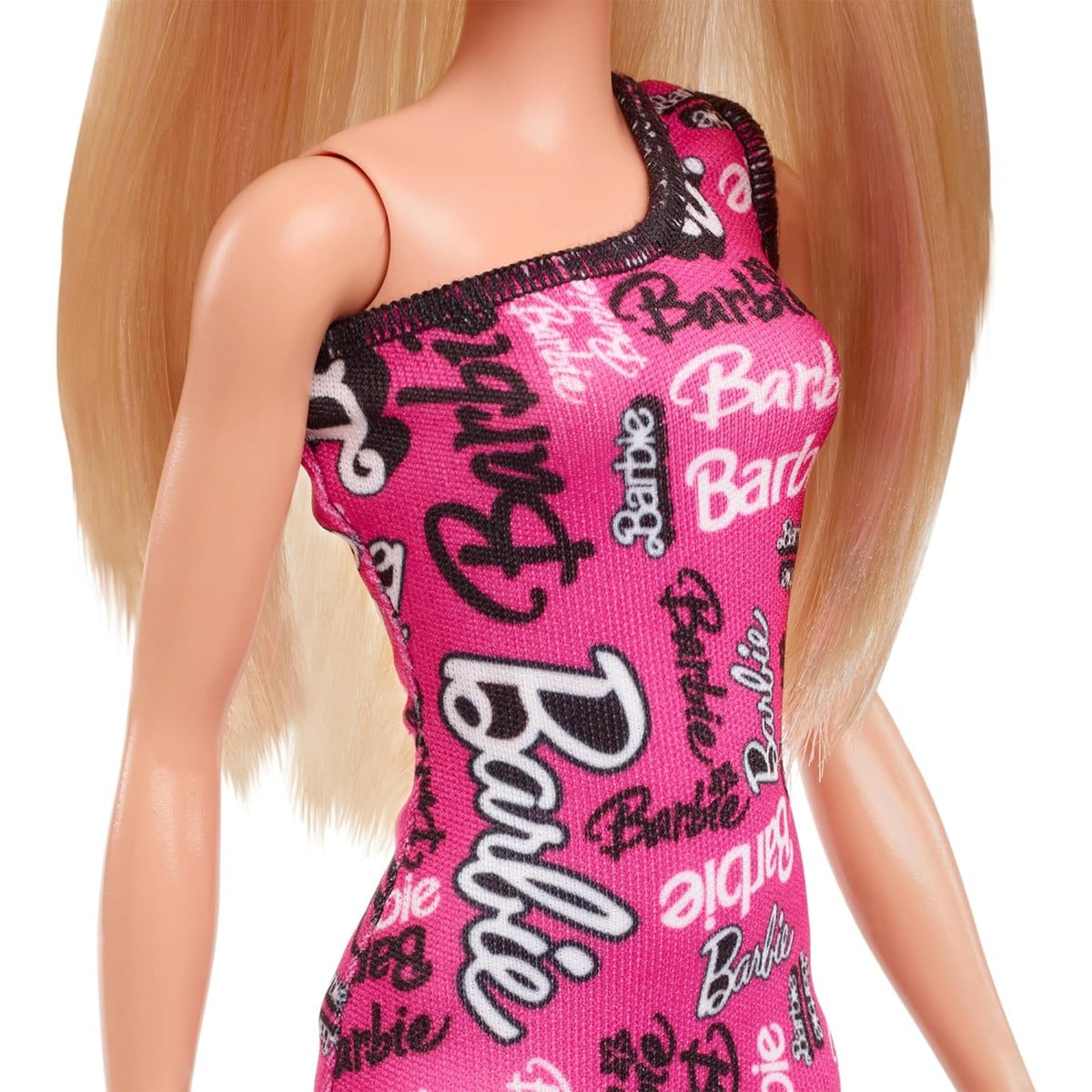 Barbie® Doll with Smooth Blonde Hair Dressed in Asymmetric Removable Pink Dress and Logo Print Shoes, HRH07