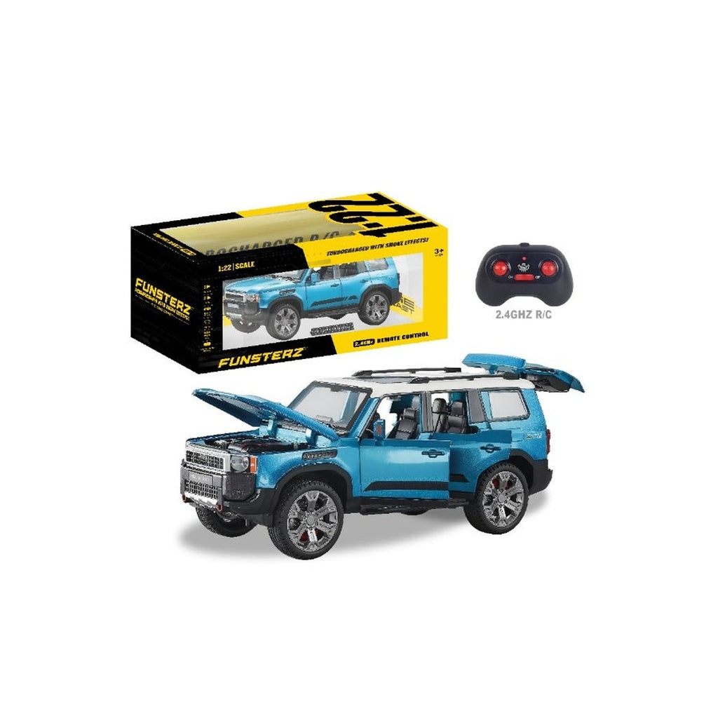 Funsterz 1:22 RC Toyota Prado - Spray Mist Alloy Body Remote Control Car with LED Lights, Rechargeable Battery, Full-Function Driving - Realistic Die-Cast Off-Road Model