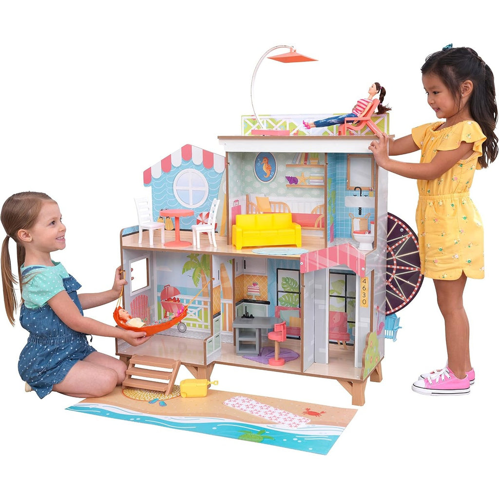 KidKraft Ferris Wheel Beach Wooden Dolls House with Furniture and Accessories Included, 3 Storey Play Set with Hammock and Beach Chair for 12 Inch/30 cm Dolls, Kids' Toys, 20053