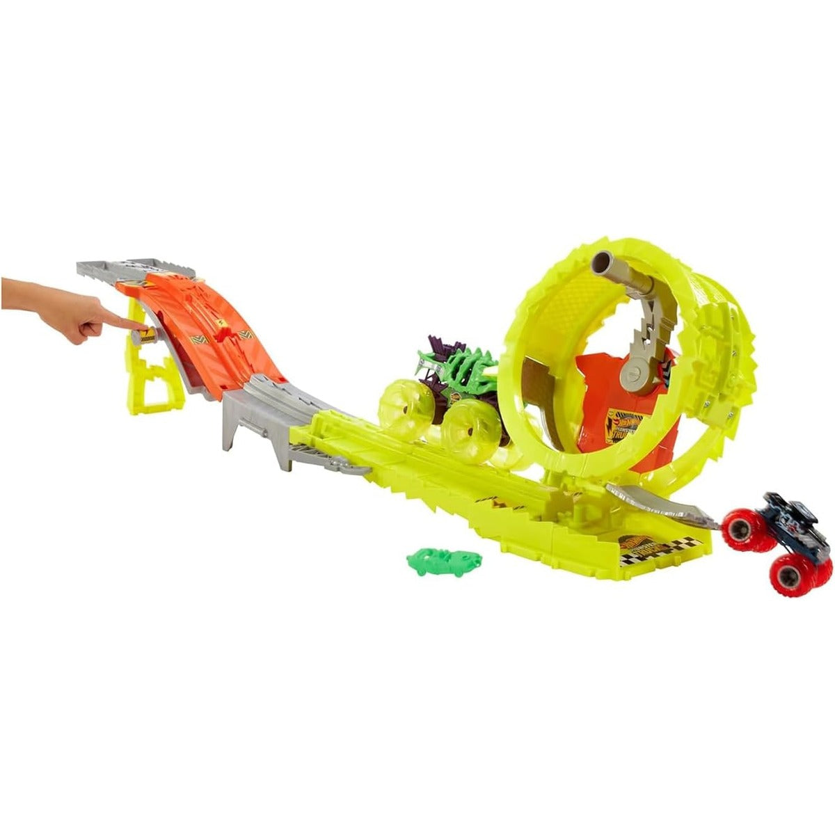 Hot Wheels Monster Trucks Track Set with 2 Toy Trucks: Oversized Skelesaurus &amp; 1:64 Scale Bone Shaker, Charge &amp; Chase Challenge with 2 Crushed Cars