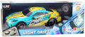 Turquoise Chase RC drift car with LED lights in box