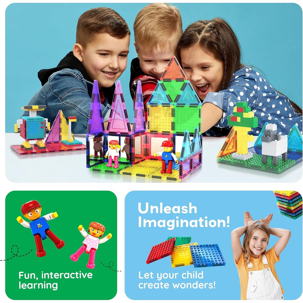 PicassoTiles 63pc Magnetic Tile Building Block Set with 2 Character