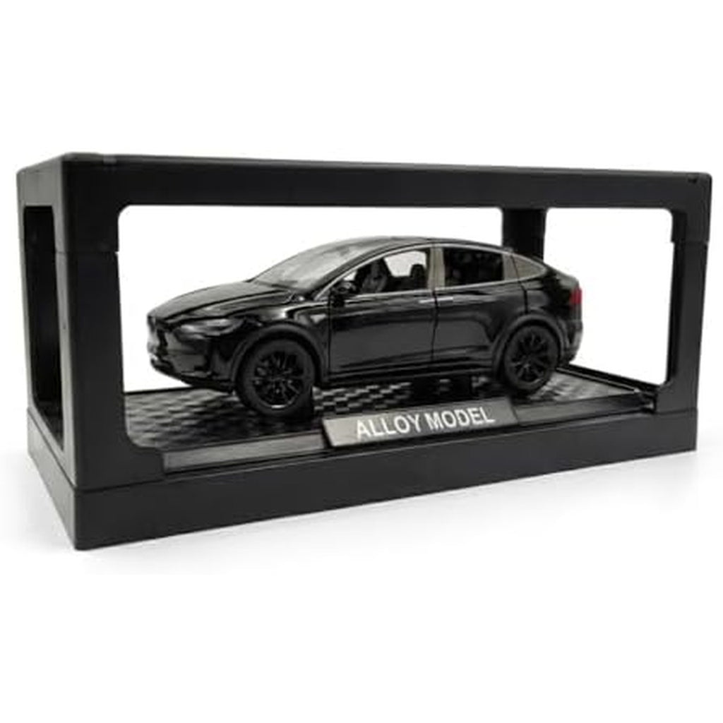 1:28 Scale Electric SUV Car Model Car with Open Up Rear Doors Special Display Base Light and Sound (Black)