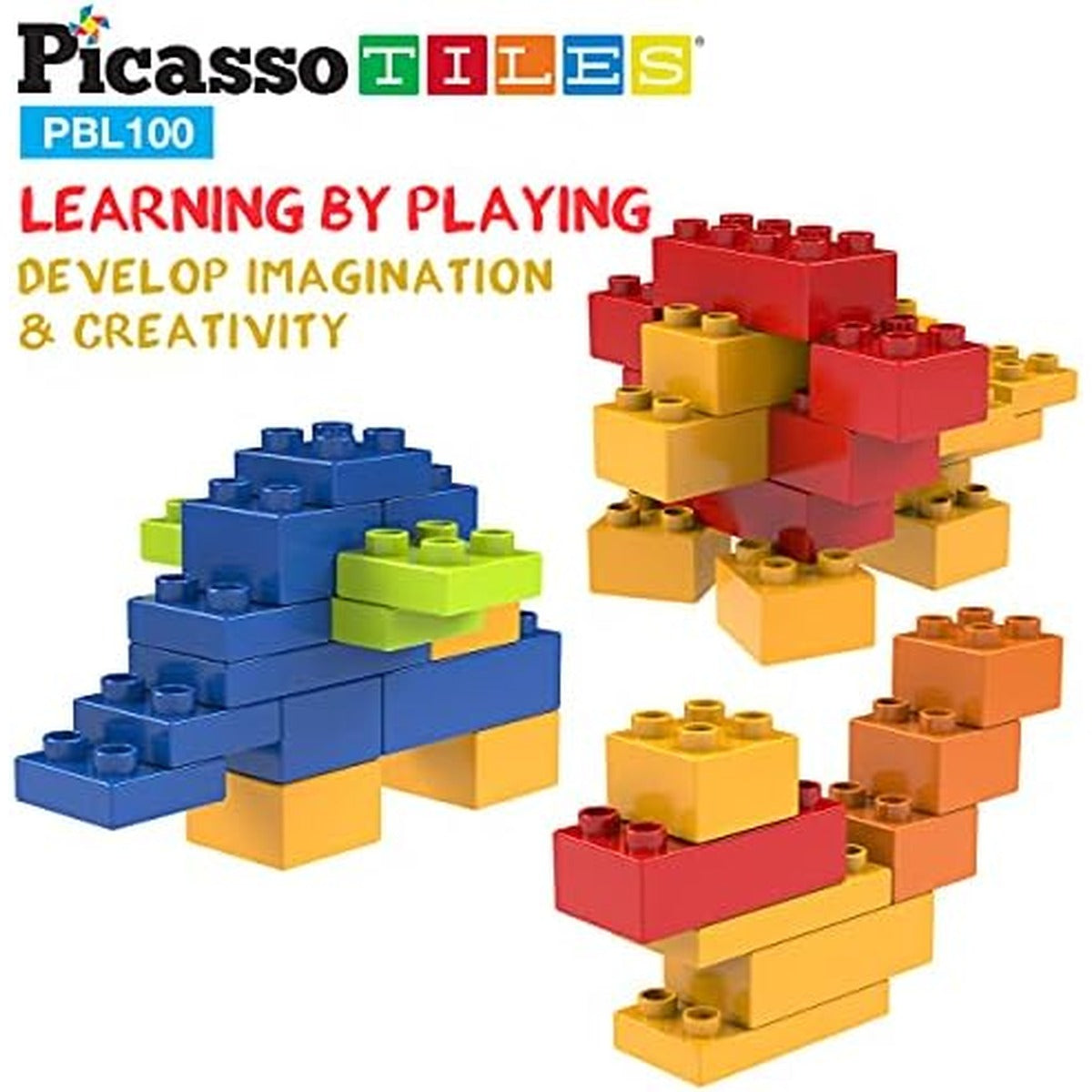PicassoTiles 100 Piece Large Construction Brick Building Blocks STEM Bricks Toy Set Creative Learning Early Education Playset 5 Colors 4 Unique Shapes Mix & Match Toys for Kids Boys Girls Child Age 3+
