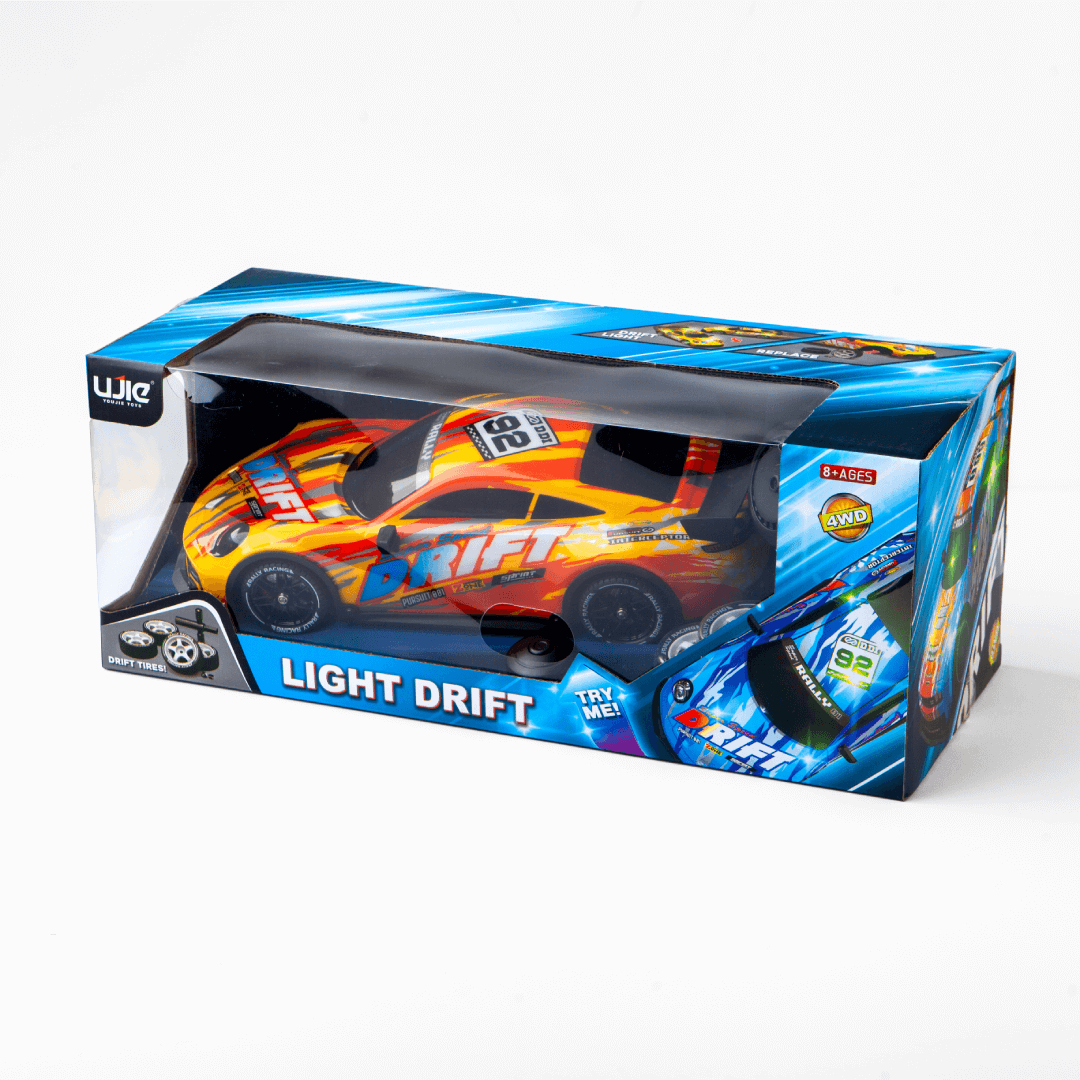 Orange Drift RC drift car with LED lights in box