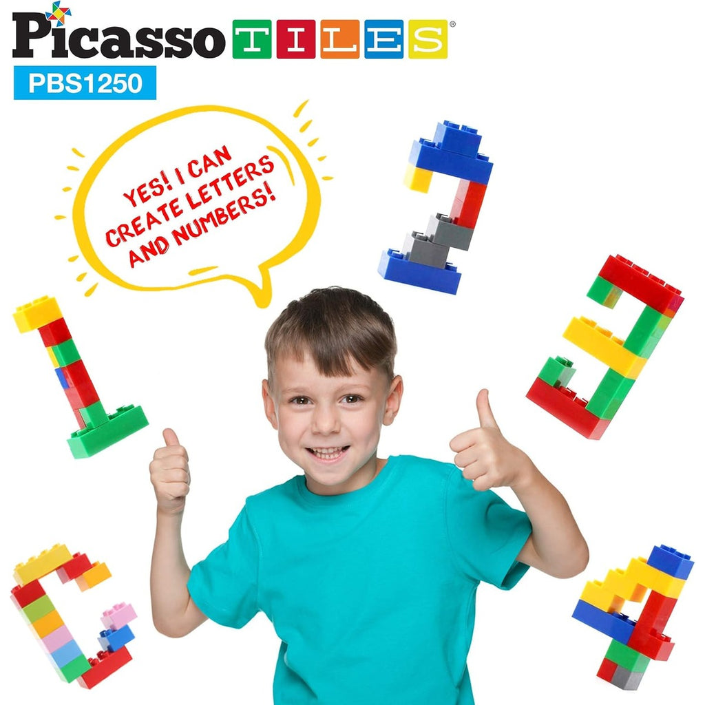 PicassoTiles 1250 PCs Educational Building Block Tiles Set Creative Shapes to Enhance Imaginative Play Unique Set to Characters and Numbers Learning STEM Toys Washable for Learning Education Ages 3+