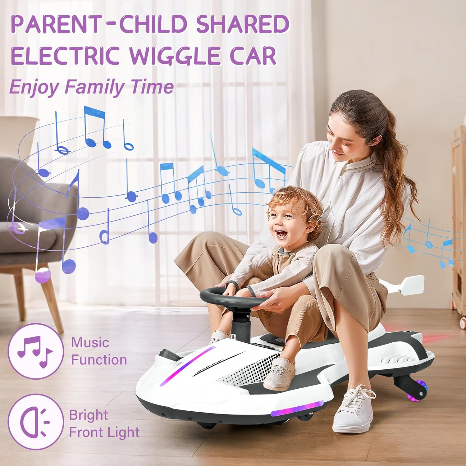 12V Electric Wiggle Car with Pedal for Kids, Rechargeable 2 in 1 Swing Car, Drifting Ride On Toys with Backrest, Anti-Rollover, Spray, Flashing Light, Music, for Ages 3 and Up (White)
