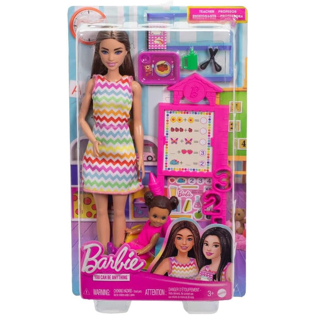 Barbie Teacher Doll with Brunette Fashion with Printed Dress, 1 Toddler, & Teaching Accessories