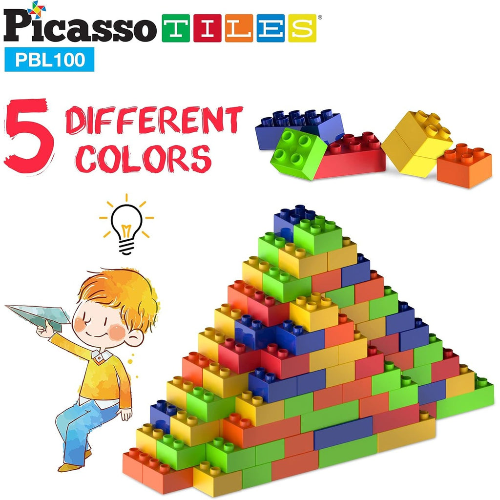 PicassoTiles 100 Piece Large Construction Brick Building Blocks STEM Bricks Toy Set Creative Learning Early Education Playset 5 Colors 4 Unique Shapes Mix & Match Toys for Kids Boys Girls Child Age 3+