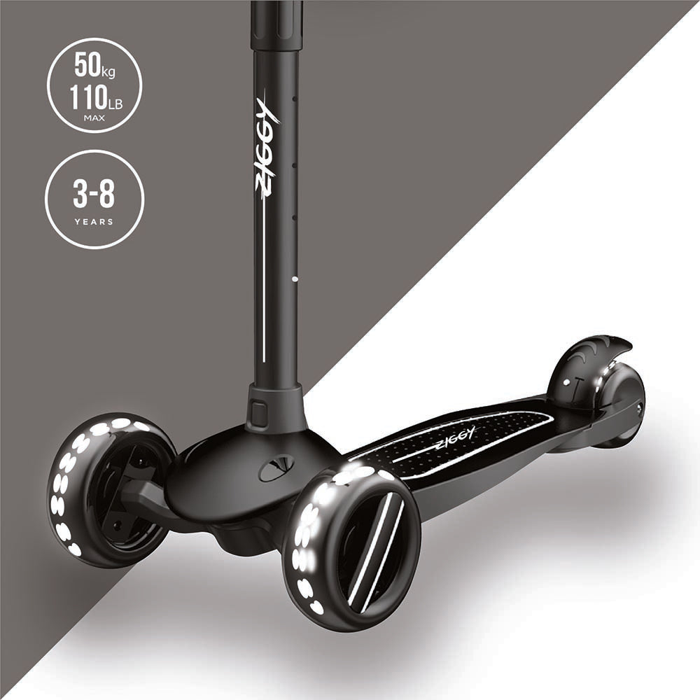 Ziggy - 3-Wheel Tilt Scooter With LED Light - Black