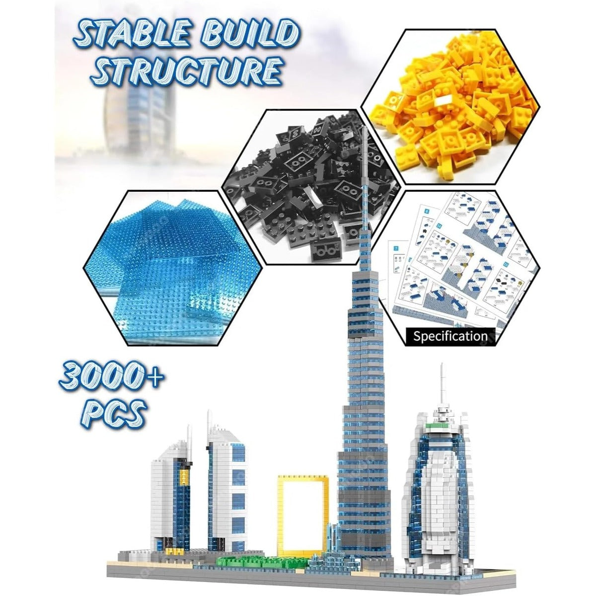 Spindoo Skylines Series Dubai Skyline Micro Mini Building Blocks Set - 3000+ Pcs Mini Architecture Model Kit for Adults & Kids 6+ | Realistic Dubai City Building Toy | Premium Gift & Display Décor
