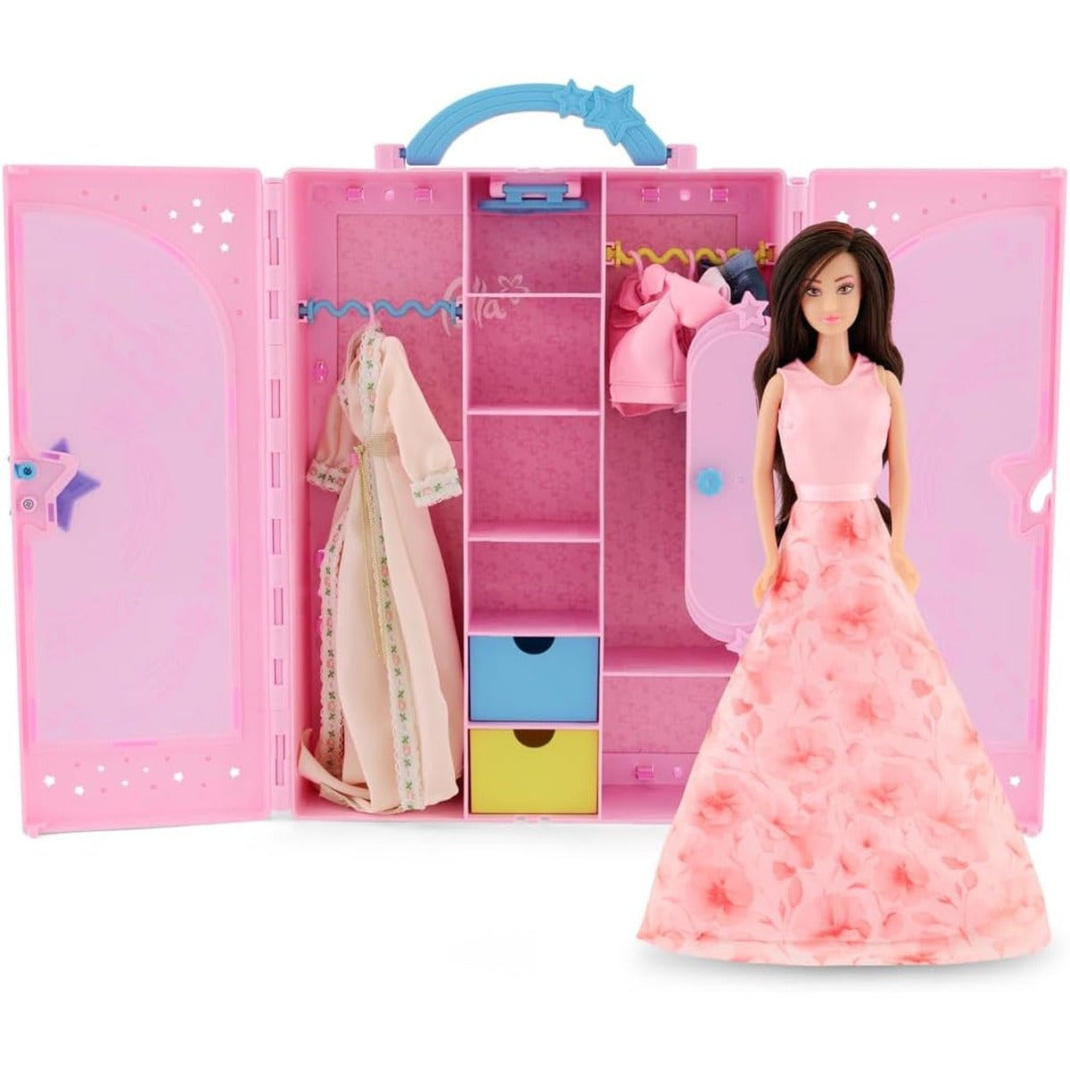 Fulla Doll with Dress-Up Closet, Mix-and-Match Outfits, Storage Compartments Pretend Play Fashion Wardrobe for Girls