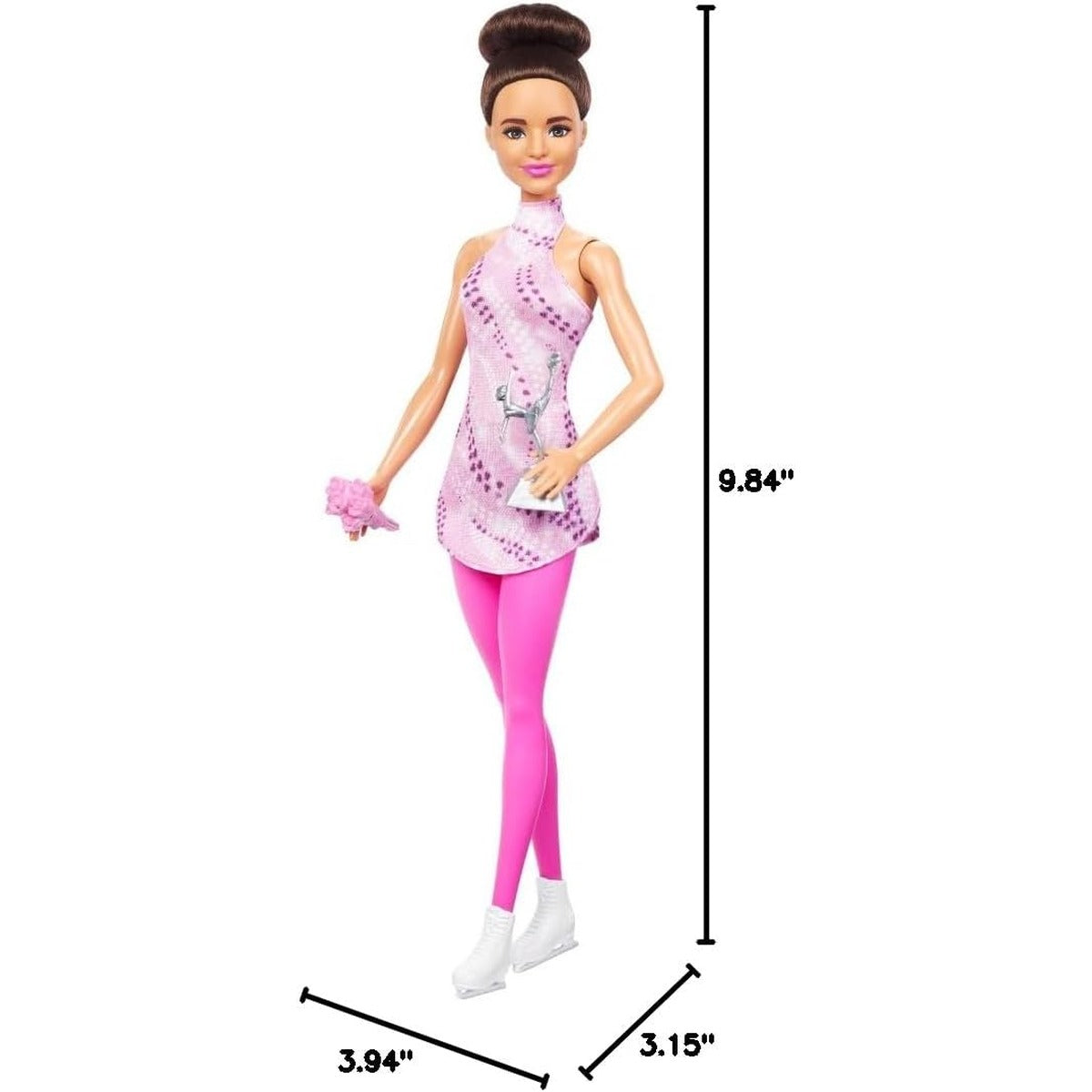 Barbie Careers Fashion Doll & Accessories, Brunette Ice Skater in Removable Pink Outfit with Ice Skates & Trophy