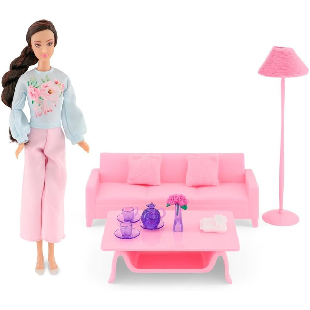 Fulla Doll with Living Room Set Includes Sofa, Cushions, Tea Cups, Lamp, Flowers and Phone & Cozy Room Playset for
