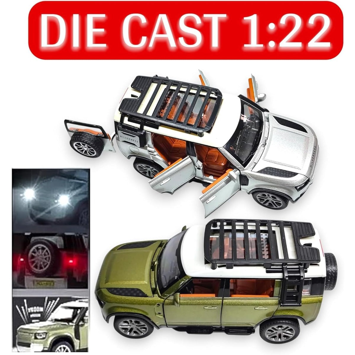 RathaNova Play Land Rover Defender 1:22 Scale Die-Cast Remote Control Car with Smoke Effect, LED Lights, Opening Doors, USB Charging, Multicolor (Green Defend)