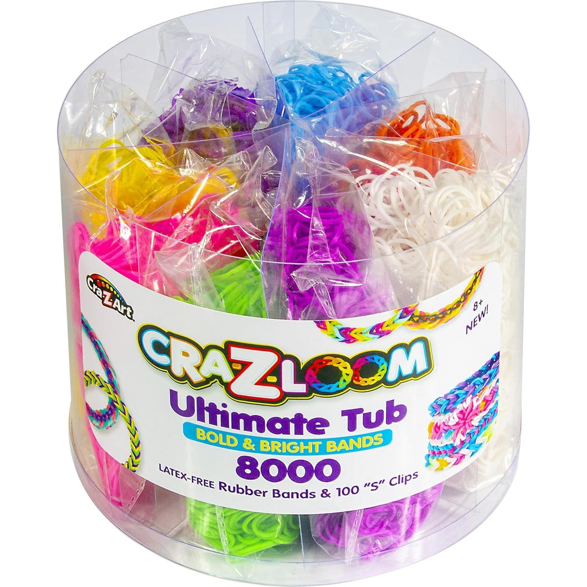 Cra Z Art Cra-Z-Loom Ultimate Tub 8000 Latex Free Rubber Bands and 100 “S” Clips for Making Crafts in Bold and Bright Colors,