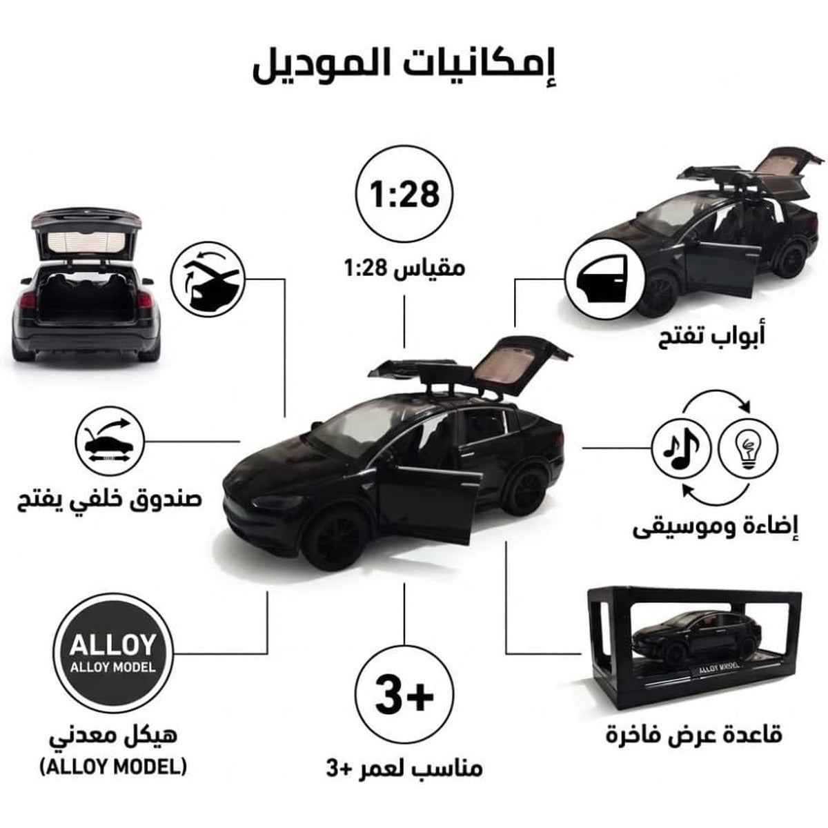 1:28 Scale Electric SUV Car Model Car with Open Up Rear Doors Special Display Base Light and Sound (Black)