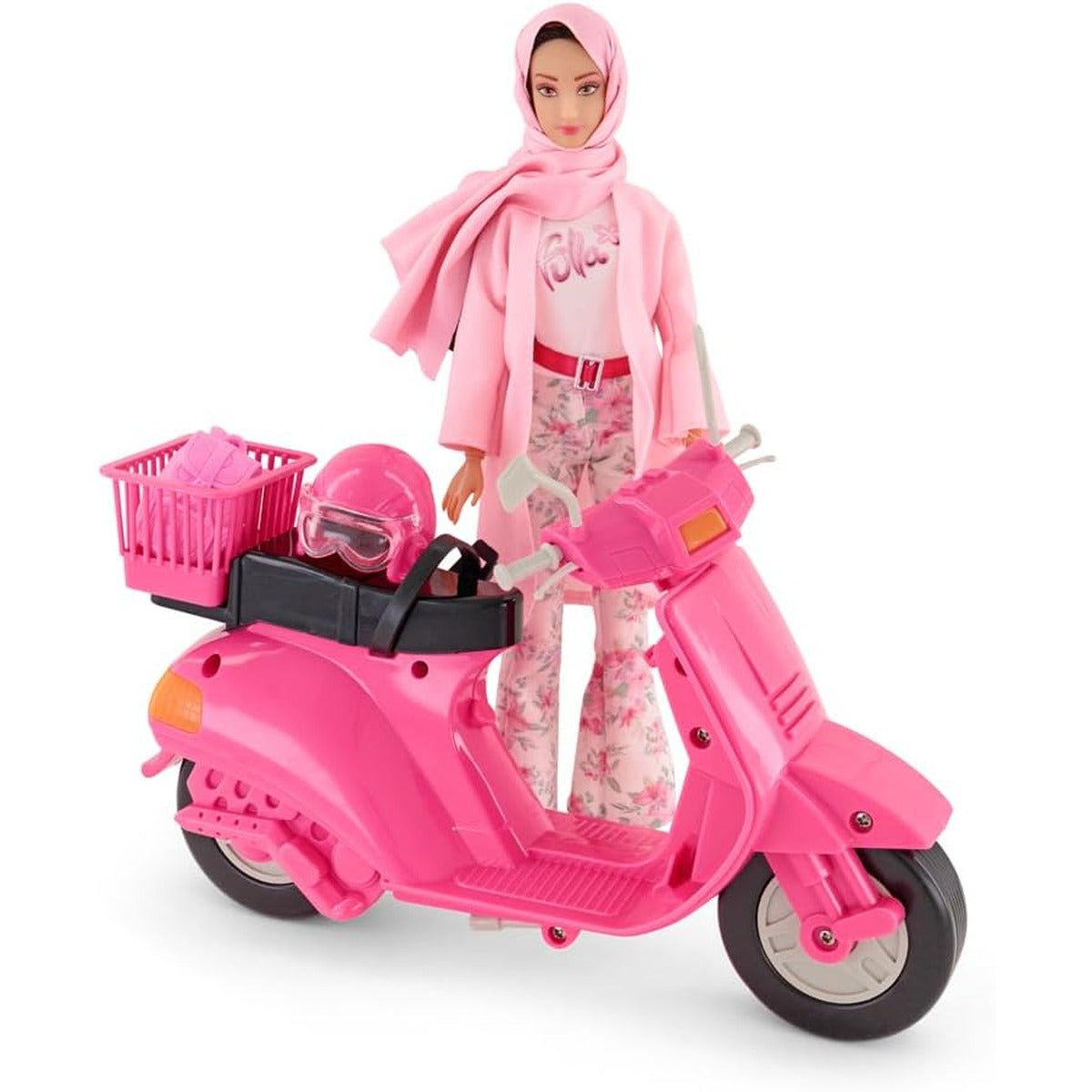 Fulla Doll with Pink Motorbike Includes Floral Pants, Jacket, Helmet and Headscarf & Fashionable Outfit with Ride-On