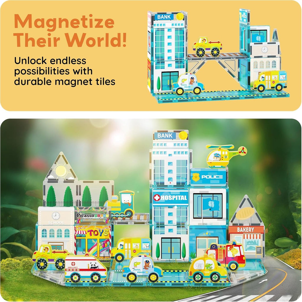PicassoTiles Metro City Hospital Magnetic Tile Building Set with 8