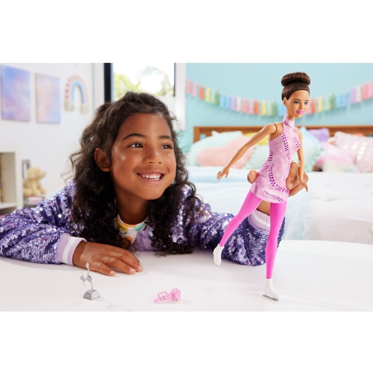 Barbie Careers Fashion Doll & Accessories, Brunette Ice Skater in Removable Pink Outfit with Ice Skates & Trophy