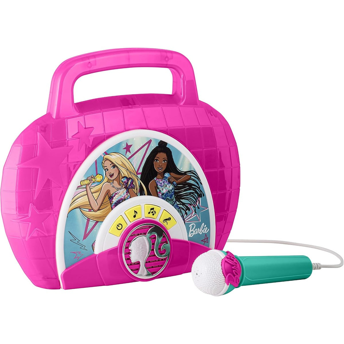 eKids Barbie Sing Along Boom Box Speaker with Microphone for Fans of Barbie Toys, Kids Karaoke Machine with Built in Music and Flashing Lights